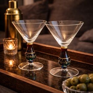 Hand Painted Martini Glasses Set of 2 Jewel Tone Stem Cocktail Glasses Barware